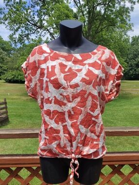 LL Bean Signature Red & White Bird Print Linen Shirt with Tie Waist Size XS
